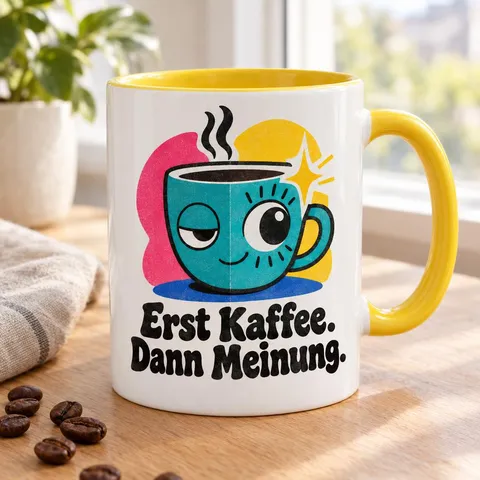 Tasse mit Spruch „Erst Kaffee. Dann Meinung.“
