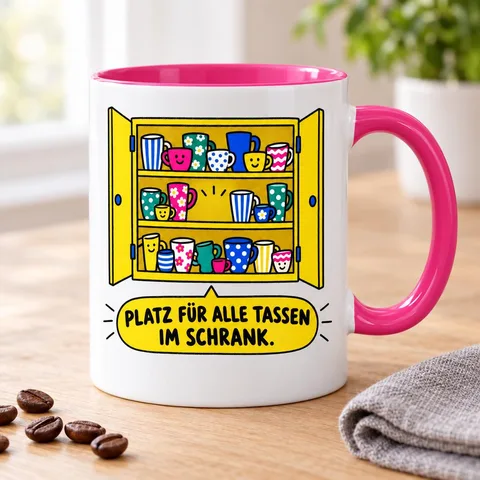 Tasse mit Spruch „Platz für alle Tassen im Schrank“