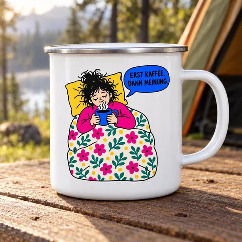 Emaille-Tasse mit Spruch „Erst Kaffee. Dann Meinung.“