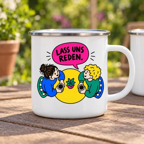 Emaille-Tasse mit Spruch „Lass uns reden.“