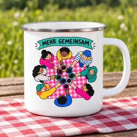 Emaille-Tasse mit Spruch „Mehr gemeinsam“