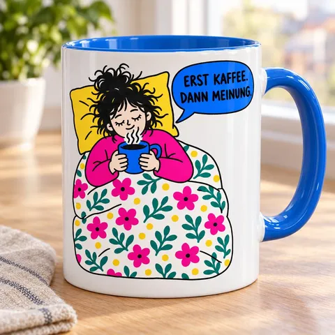 Tasse mit Spruch „Erst Kaffee. Dann Meinung.“