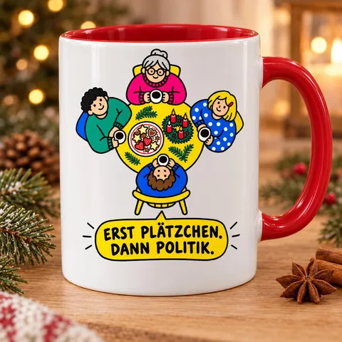 Tasse mit Spruch „Erst Plätzchen. Dann Politik.“