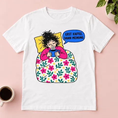 T-Shirt mit Spruch „Erst Kaffee. Dann Meinung.“